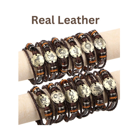 12 Constellation Zodiac Charm Leather Bracelet Hand Made Men Women Unisex Bangle - Picture 10 of 10